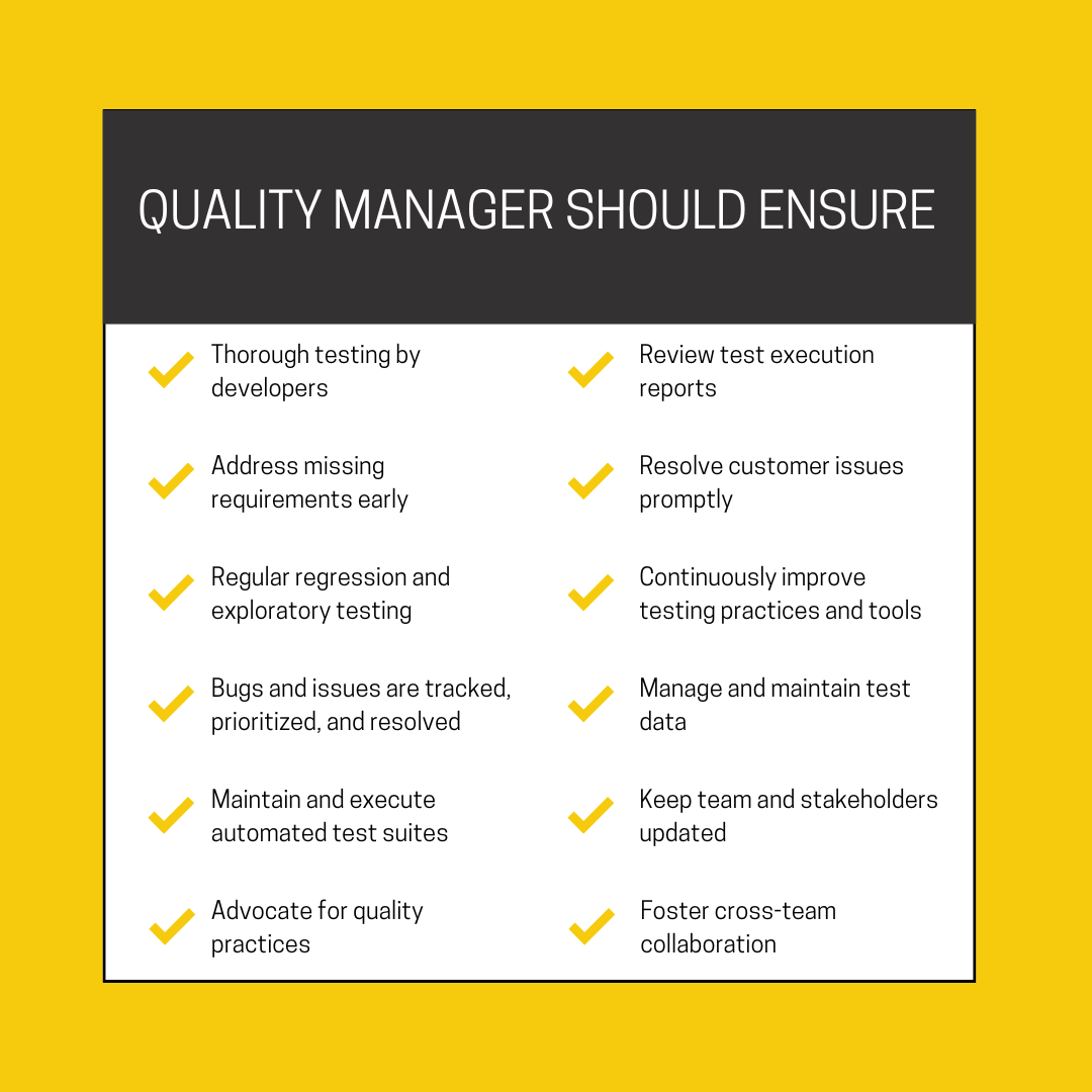 List of key responsibilities a Quality Manager should oversee to provide leadership and accountability in driving quality efforts.