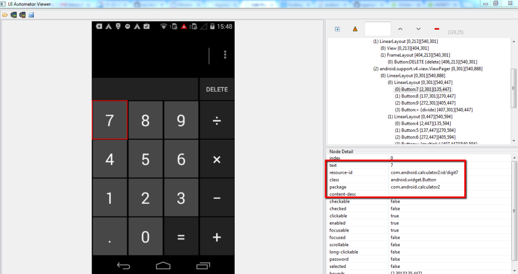 Screenshot of calculator app using uiautomatorviewer