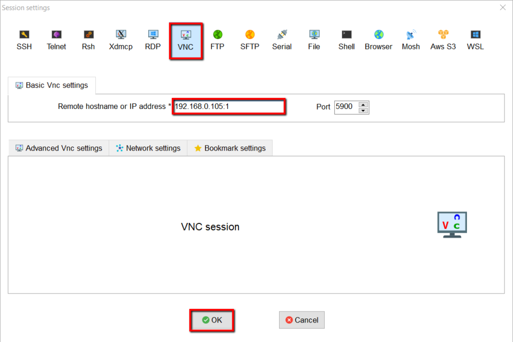 Mobaxterm VNC Session