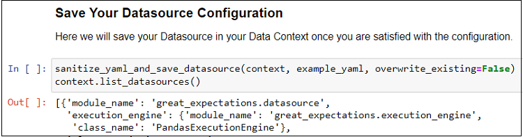 Shows the code snippet showing saving Datasource configuration