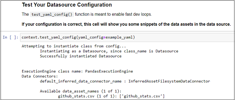 Shows the code snippet showing how to test Datasource config