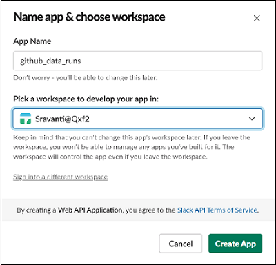 This screenshot shows providing a Slack app name and choosing a workspace