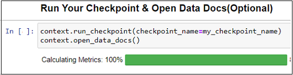 This screenshot shows how to run Checkpoint and open Data Docs