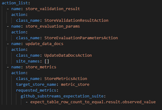 This screenshot shows the store_metrics action that needs to be added to Checkpoint