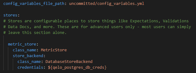 This screenshot shows how to add metric store to great_expectations.yml file