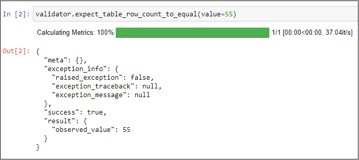 This screenshot shows the initial run of table row count expectation