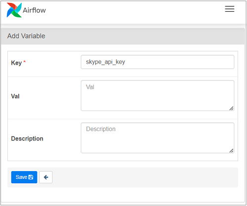 This image shows the way to create a new variable in Airflow using UI