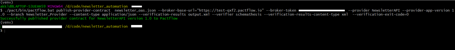 Command-line output for successful publication of Provider contract ...