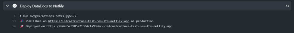 Output for successful publication of InSpec test results to Netlify.