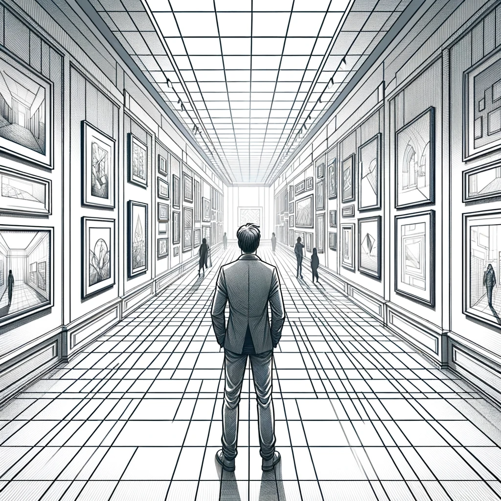 1 point perspective drawing of a CEO walking down a corridor