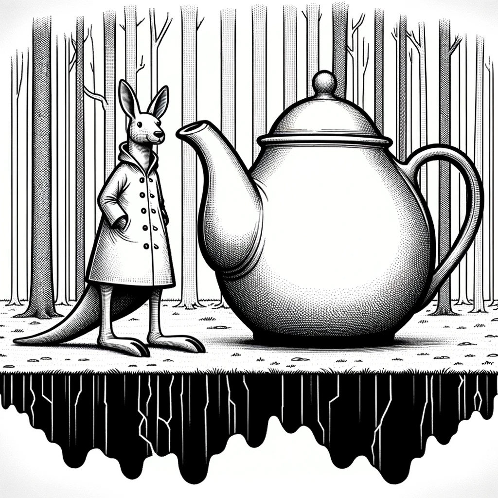 Kangaroo wearing raincoat standing next to a giant tea pot.