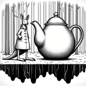 Kangaroo wearing raincoat standing next to a giant tea pot.