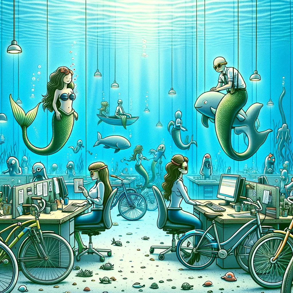 Underwater mermaid office with bicycles