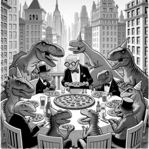 Dinosaurs in a Manhattan rooftop restaurant.