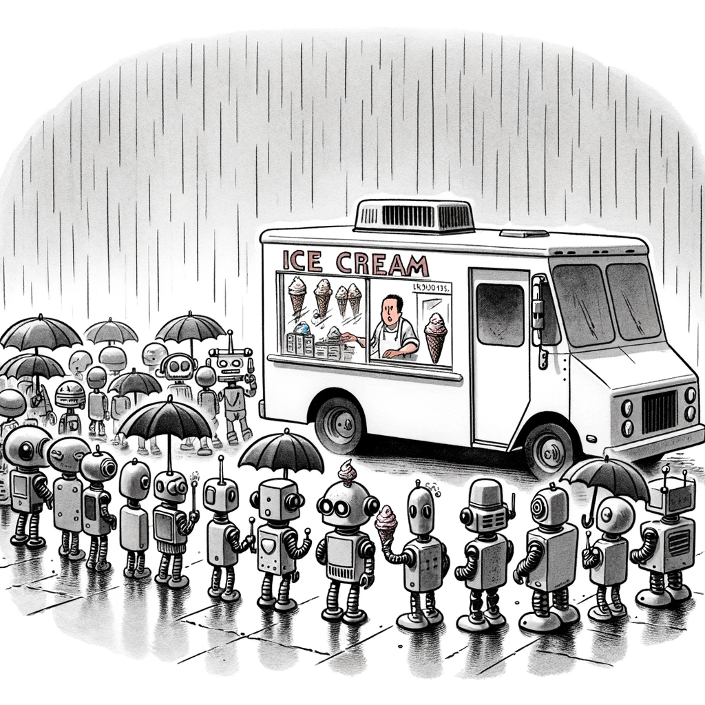 Robots standing in line to buy ice cream