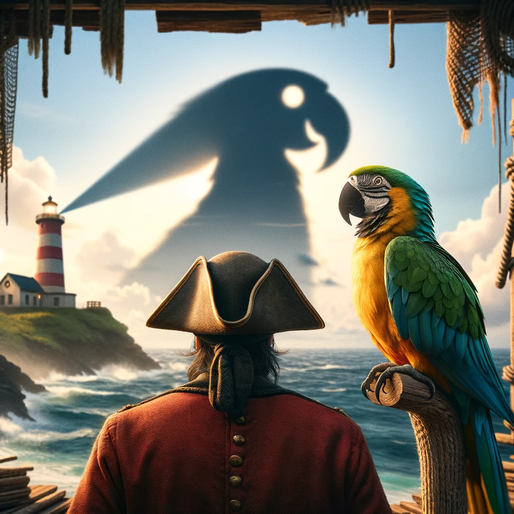 Pirate and parrot looking at a lighthouse projecting a giant parrot