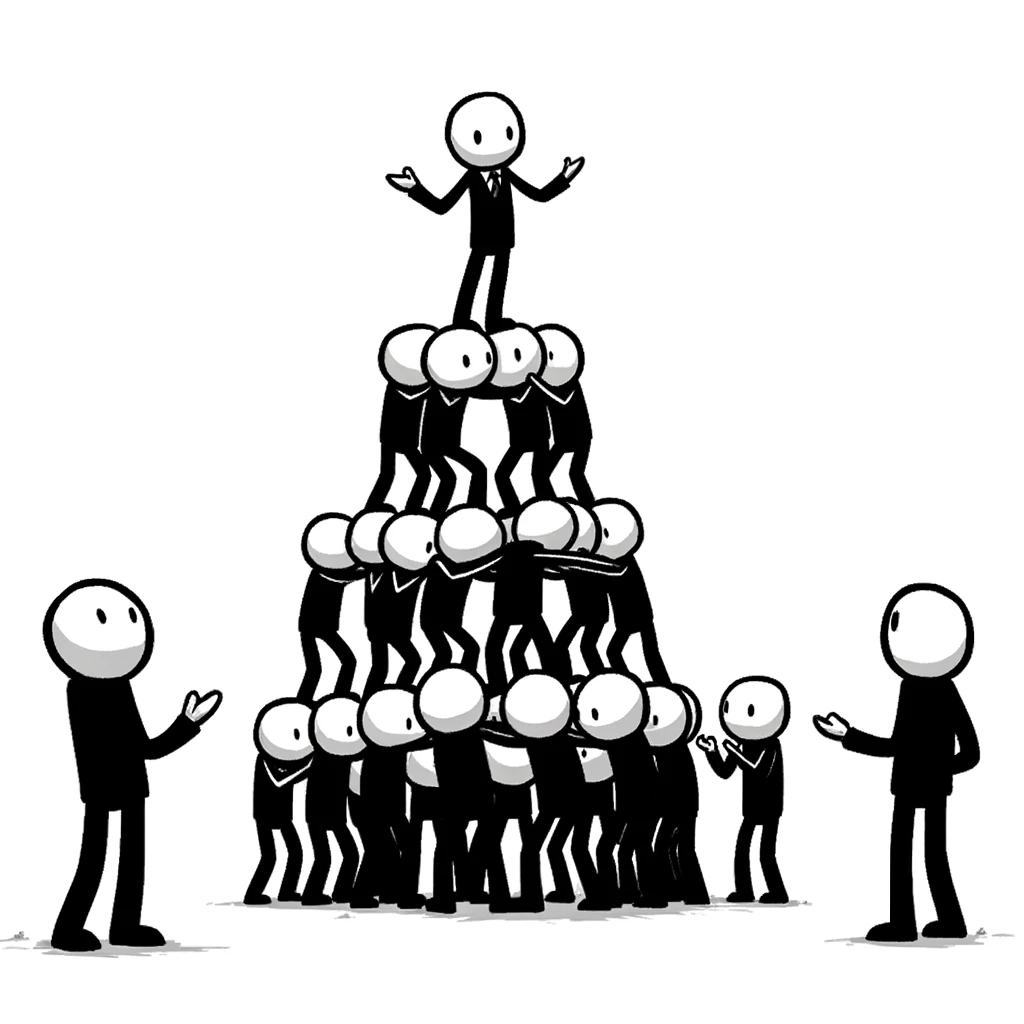 Man standing on a pyramid of people