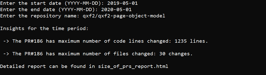 This image shows insights from analysis of git log of size_of_prs