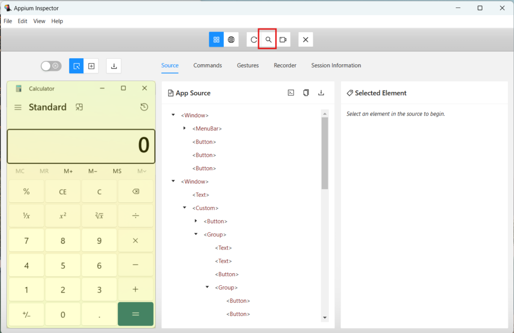 Appium Inspector - Search button
