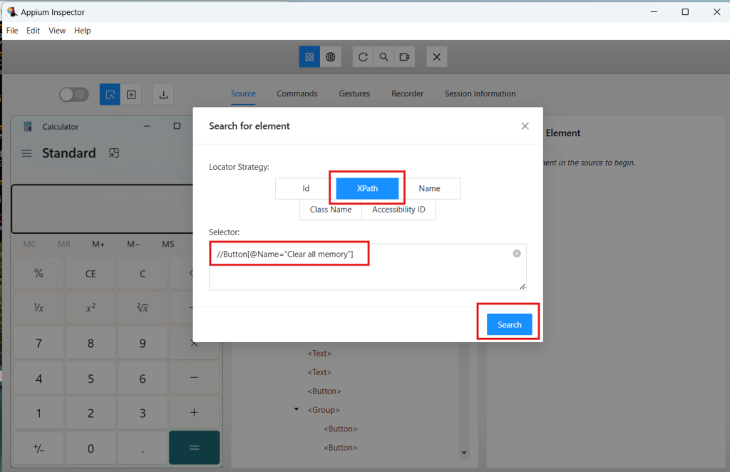 Appium Inspector - Search for element window