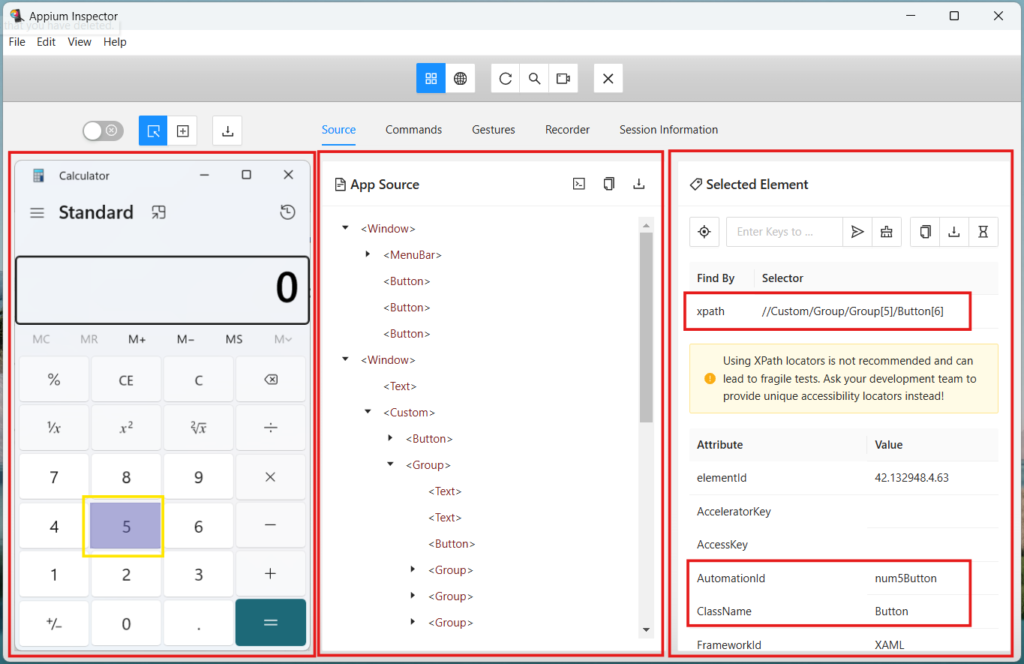Appium Inspector connected to the Calculator app